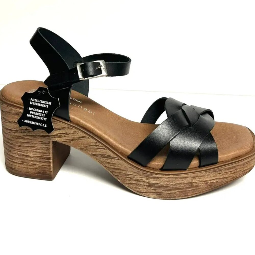 Eric Michael Black Leather Strappy Block Heel Sandals
